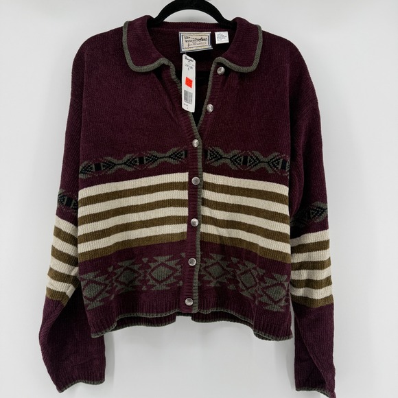 Wrangler Sweaters - Wrangler Western Wear Womens Small Burgundy Chenille Aztec Cardigan NEW